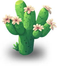 A green cartoon cactus with pink flowers against a black background