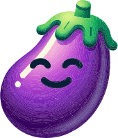 A purple eggplant with a smiling face and green stem