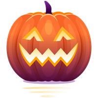 A cartoon-style orange pumpkin with a carved face and glowing eyes