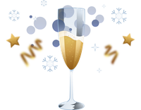Champagne flute with golden drink and festive decorations