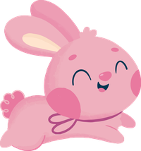 A smiling pink cartoon bunny with a bow around its neck