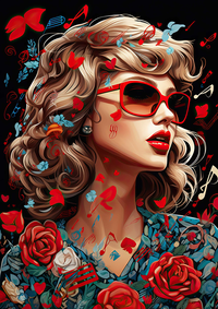 Illustration of a woman with curly hair and red sunglasses surrounded by red roses and musical elements