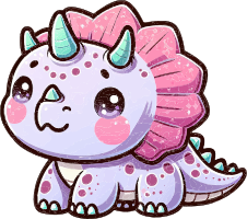 A cartoon triceratops with a lavender body, pink frill, and pastel blue horns.
