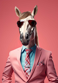 A horse dressed in a pink suit and sunglasses