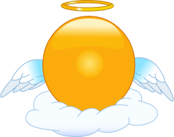An illustration of an angel with a halo and wings on a cloud