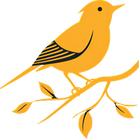 A simple, golden bird perched on a branch with three leaves.