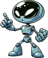 Cartoon robot character with a round head and mechanical limbs pointing forward