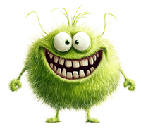 A green cartoon monster with a big smile and large eyes