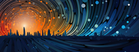 Futuristic cityscape with swirling digital patterns