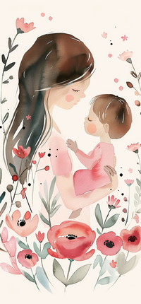 Watercolor illustration of a mother and child amidst flowers