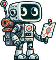 Cartoon robot with a map and tool