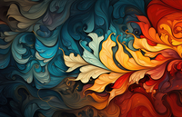 Abstract artwork with swirling blue, yellow, and red patterns.