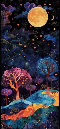 A vibrant digital illustration of a night landscape with a large yellow moon and colorful trees.