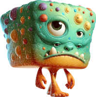 A colorful, cube-shaped monster with a large eye and orange legs.