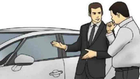 Cartoon image of a salesman in a suit talking to a customer next to a car