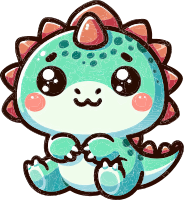 A smiling green cartoon dinosaur with pink spikes and big eyes