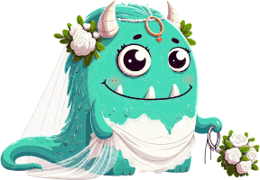 Cartoon monster in a wedding dress holding flowers