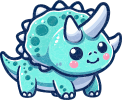 A smiling cartoon triceratops with teal and white coloring