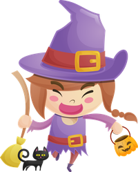 A smiling cartoon girl in a purple witch costume with a hat and a red belt, holding a broom and a pumpkin bucket, accompanied by a black cat