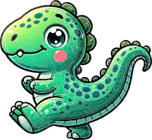 A cute green cartoon dinosaur with spots and a friendly smile