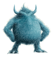 A blue furry monster with horns and a menacing stance.