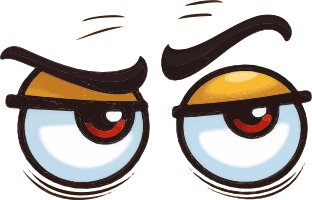 A pair of cartoon eyes with blue and yellow irises and expressive eyebrows