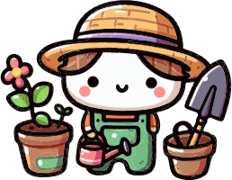 Cartoon character in hat and overalls watering plants