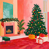 A cozy living room with a decorated Christmas tree and fireplace.