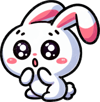 A white cartoon bunny with large black eyes and pink inner ears