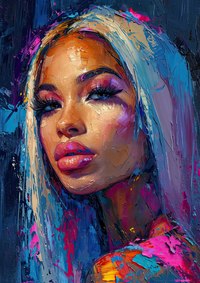 A painting of a woman with long blonde hair and a thoughtful expression