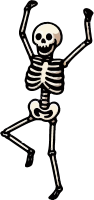 A dancing skeleton with raised arms and one bent leg against a black background