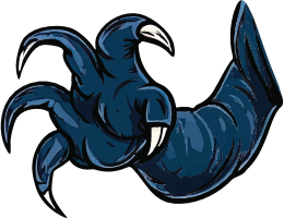 A dark blue cartoon creature with sharp claws and teeth