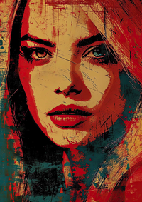 Stylized portrait of a woman with bold colors and striking features