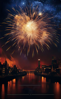 Fireworks exploding above a city skyline at night