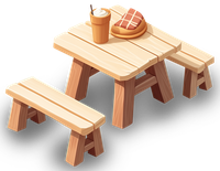 3D illustration of a wooden picnic table with benches and food
