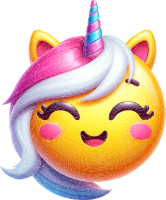 A cartoon yellow face with a unicorn horn and pink, white, and blue hair.