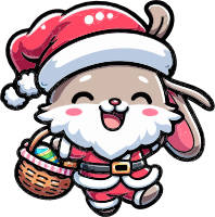 Cartoon bunny in Santa costume with Easter eggs