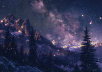Milky Way over snowy mountain peaks and evergreen trees at night