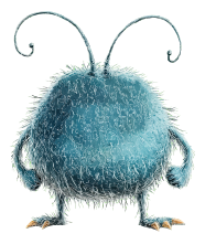 A blue, furry monster with curled antennae and sharp claws
