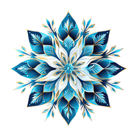 A blue and white snowflake on a black background