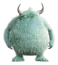 A green, furry monster with two horns and a cute face.
