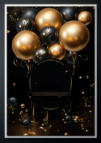 Gold and black balloons floating above a black podium with gold confetti on a black background.