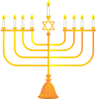Illustration of a golden menorah with lit candles and a Star of David