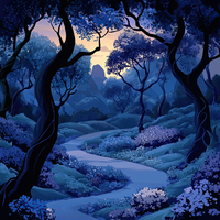 A digital illustration of a forest with a winding path and trees.
