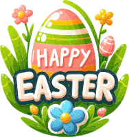 Decorated Easter egg with 'HAPPY EASTER' text amidst blooming flowers