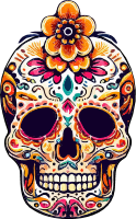Colorful sugar skull with floral and swirling designs