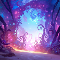 A colorful, dreamlike forest scene with glowing trees and a bright sky.