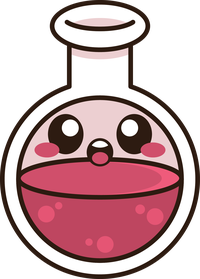 A cartoon potion bottle with a smiling face and pink liquid