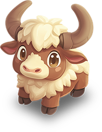 A cartoon yak with large eyes and curved horns