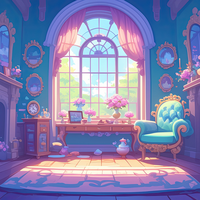 A cartoon illustration of a cozy bedroom with a large arched window, blue armchair, and decorative elements.